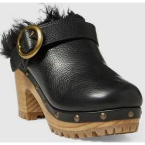 Polo Ralph Lauren Womens‎ Leather Block Heel Shearling Clogs Shoes Black Size 8